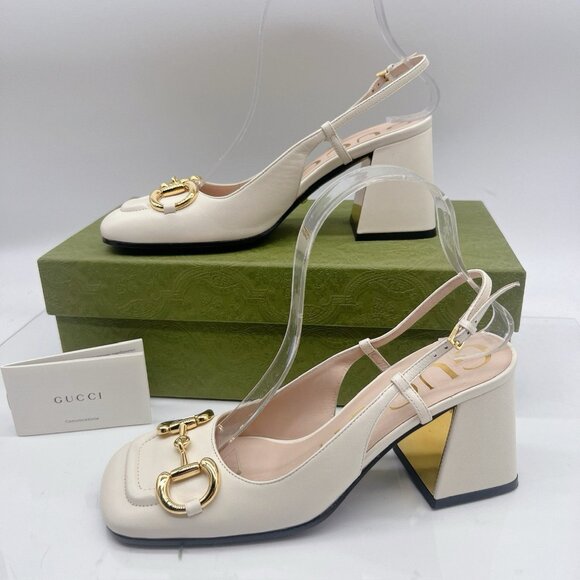 Gucci GG Slingback Horsebit Pumps Chunk Heel Mystic White Leather EU 39.5 US 9.5 - Picture 4 of 9